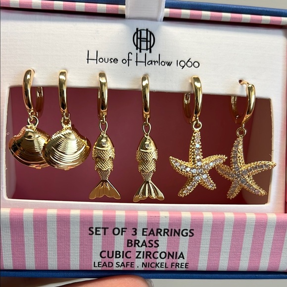 COPY - House of Harlow 1960 Gold and Crystal Earring Trio Set ✨🐟🐚 - Picture 1 of 4